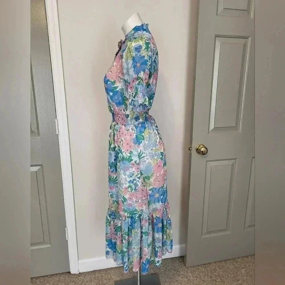 J.CREW Smocked Ruffle Fairy Floral Tiered Fully Lined Midi Dress(XS)